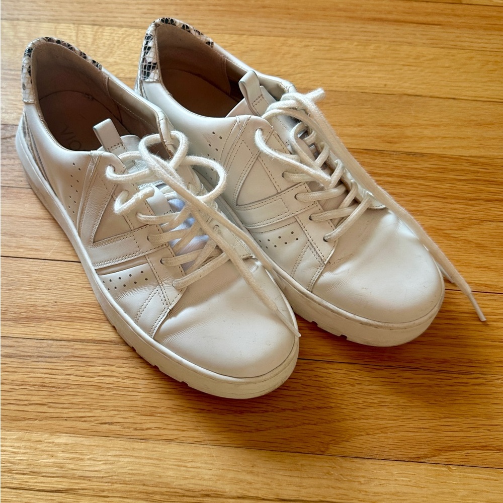 Vionic White Leather Sneakers with Animal Print Accents